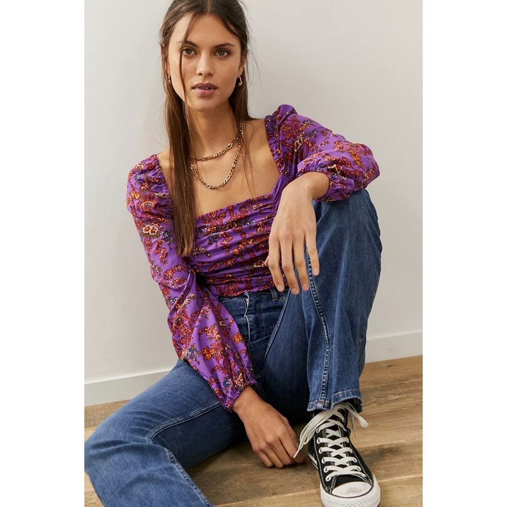 Urban Outfitters Purple Floral Ruched Long Sleeve Crop Top Smocked Back XS